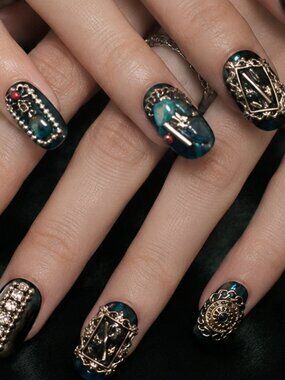 Midnight Emerald Gothic Press-On Nails | Handmade Alternative Nail Art Set